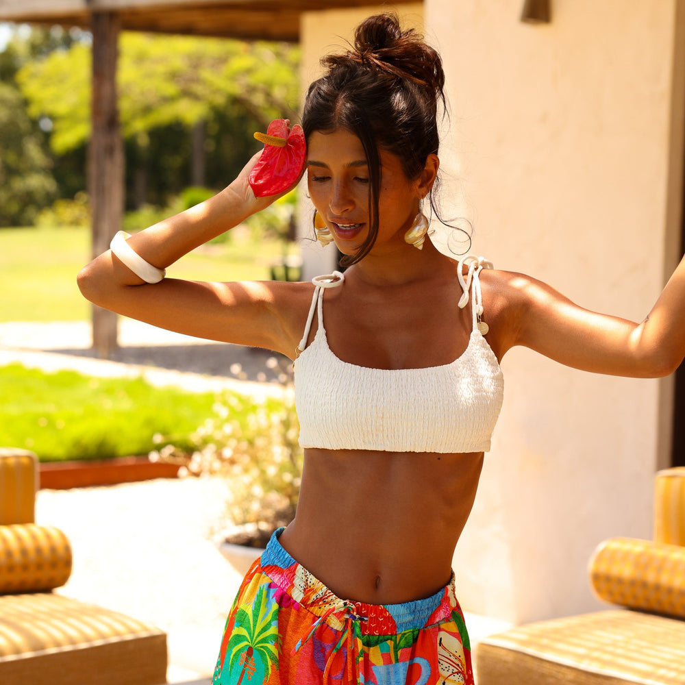 Simple Shirred Tie Crop - Natural White