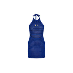 Metallic Knit Halter Mini Dress - Blue Lagoon